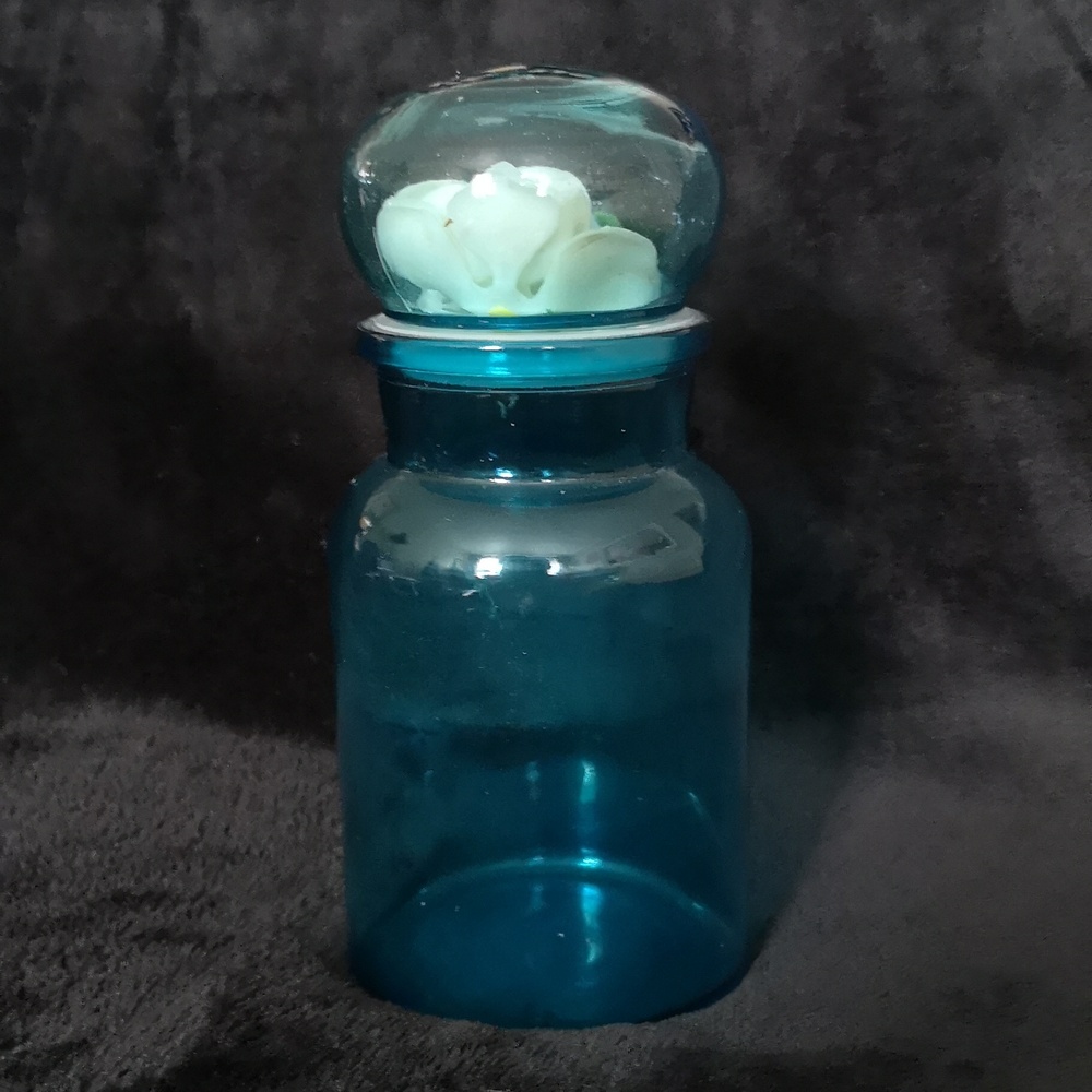 Vintage Blue Glass Apothecary Bubble Lid Jar Made in Belgium 8.5" Tall